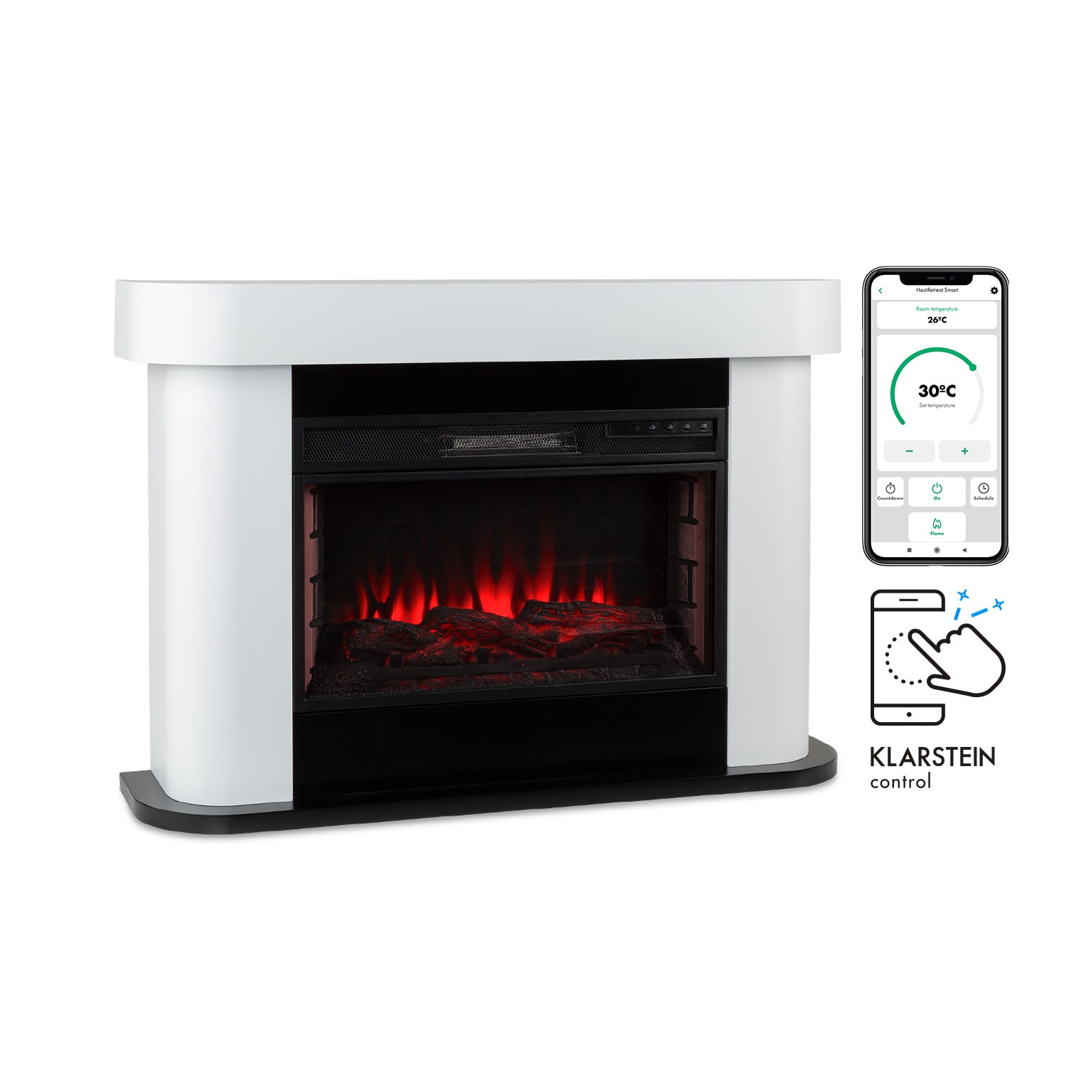 Klarstein Aargau Smart, elektromos kandalló, 1000/2000 W, LED, 18 - 27 ° C, heti időzítő, fehér