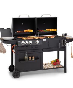 Klarstein Aberdeen, kombinált grill, gáz, faszén, füstölő, hőmérő, 2 kiegészítő asztal, mobil