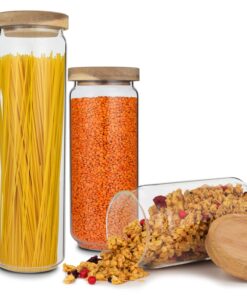 Klarstein Lovage, tárolóedények, 3 darabos készlet, 0,75 / 1,1 / 1,5 L, boroszilikát üveg, akácfa fedél, szilikon