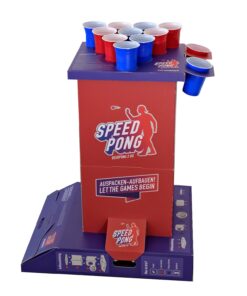 BeerCup Bounce, speedpong játékoszlop, kompakt doboz, 6 kék és piros pohár, mellékelve 2 labdácska