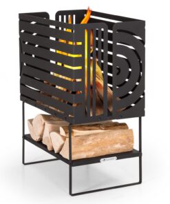 Blumfeldt Krakatoa, tűzrakóhely, tömör acél, fa tárolórekesz, lézer-vágott design