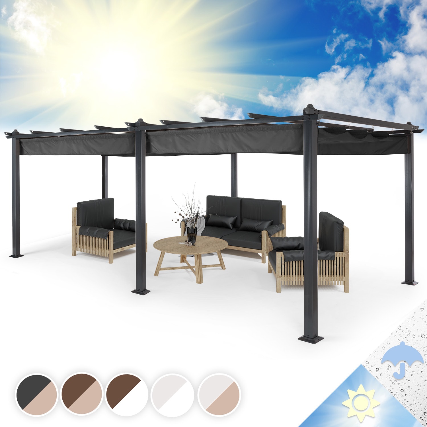 Blumfeldt Pantheon, pergola, árnyékoló, 3 x 6 m, alumínium, napellenző, poliészter, szürke