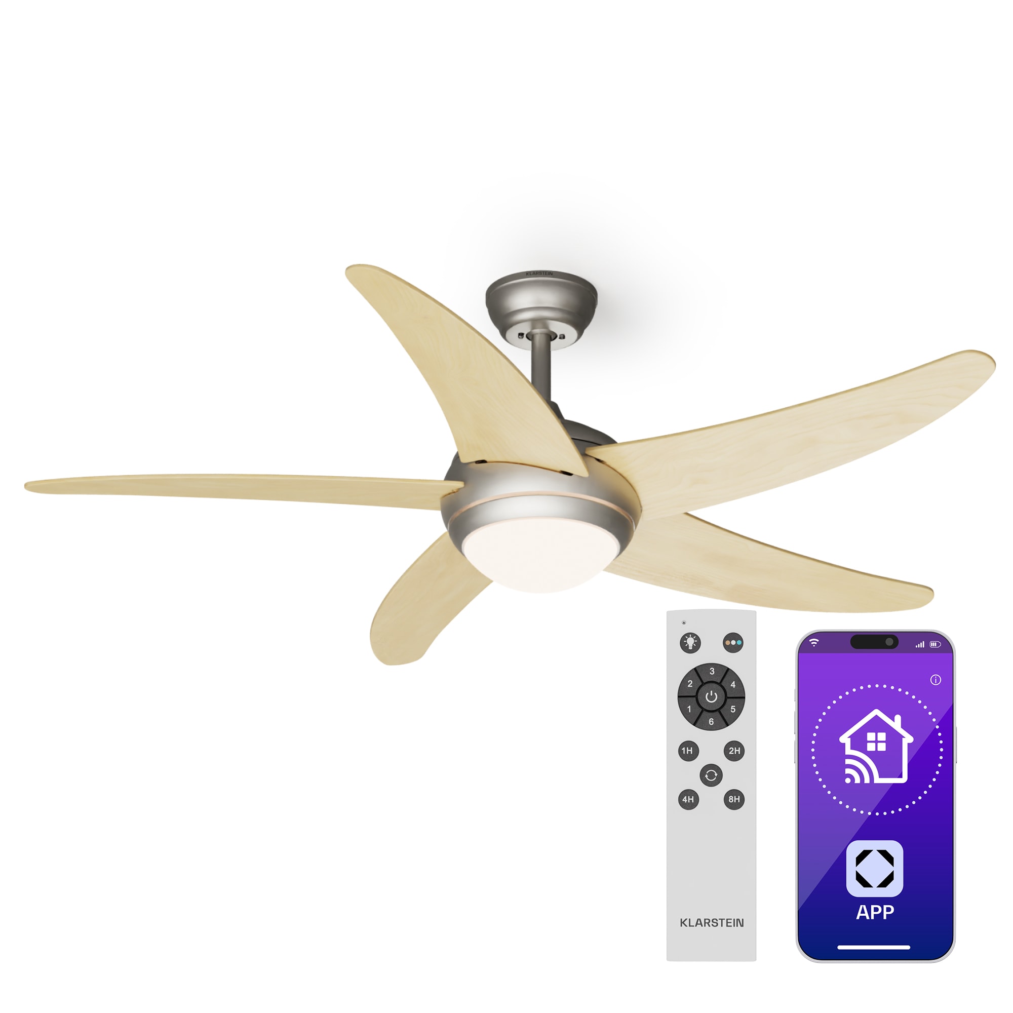 Klarstein Bolero 2 az 1-ben Smart, mennyezeti ventilátor, Ø 132 cm, fény 55 W, távirányító, vezérlés applikáción keresztül, 2 menetirány