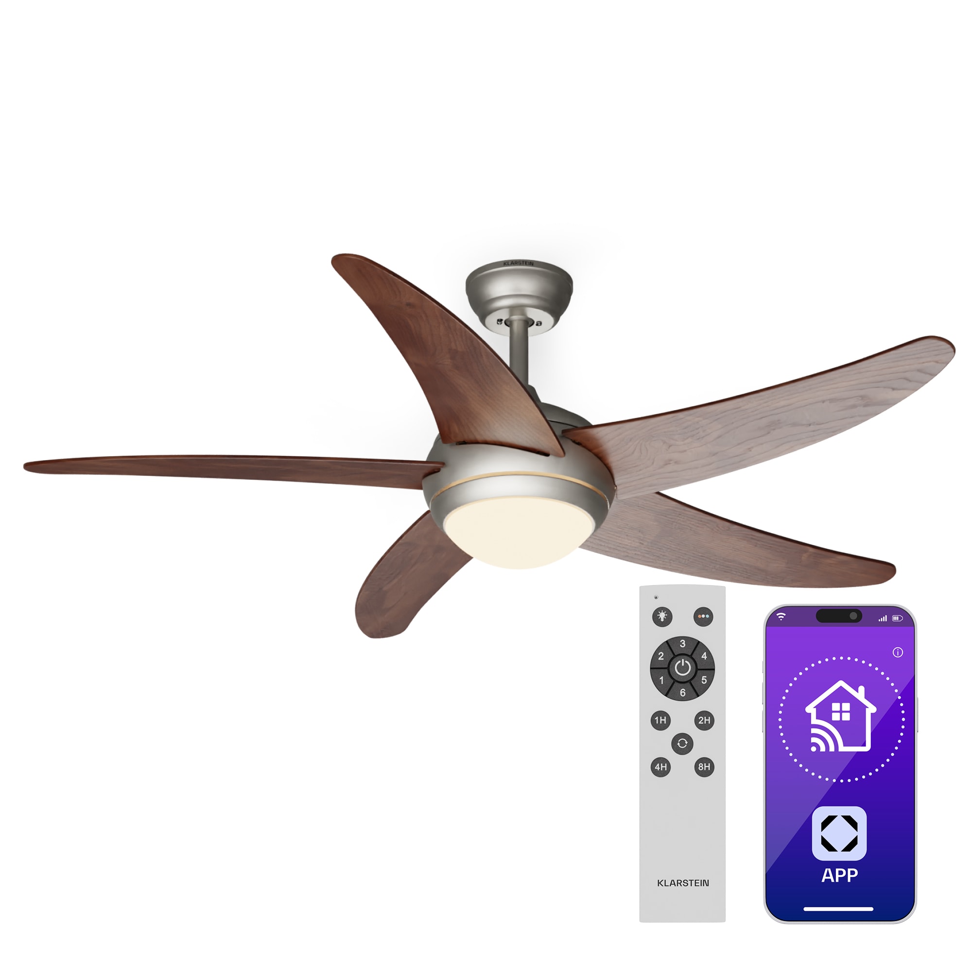 Klarstein Bolero 2 az 1-ben Smart, mennyezeti ventilátor, Ø 132 cm, fény 55 W, távirányító, vezérlés applikáción keresztül, 2 menetirány