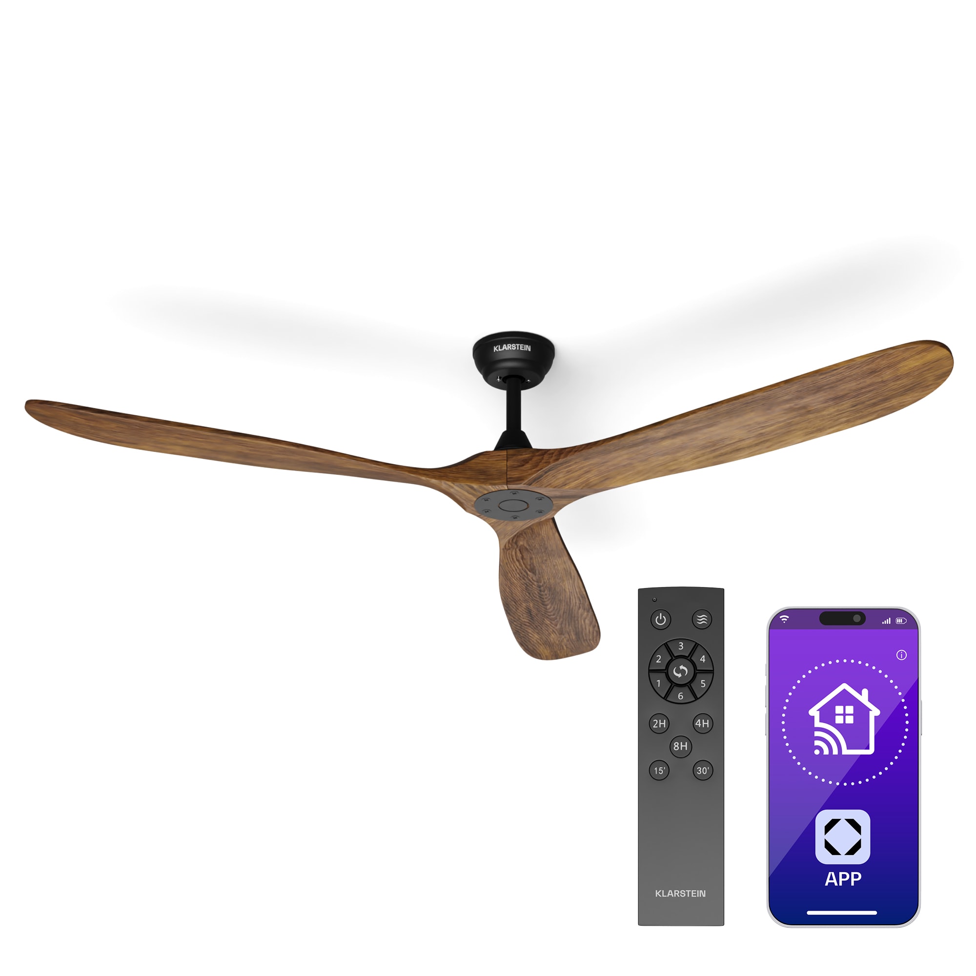 Klarstein Bahama Breeze Smart Mennyezeti ventilátor, masszív fa rotorlapátok, távirányító + vezérlés alkalmazás segítségével